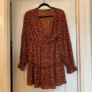 Brown ruffle long sleeve dress